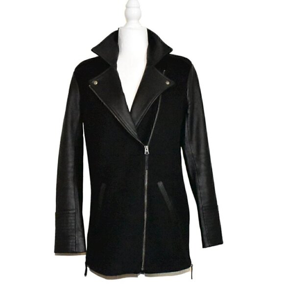 Lucky Brand Black Wool Leather Mid Length Moto Biker Jacket Coat Size XS - Picture 1 of 16